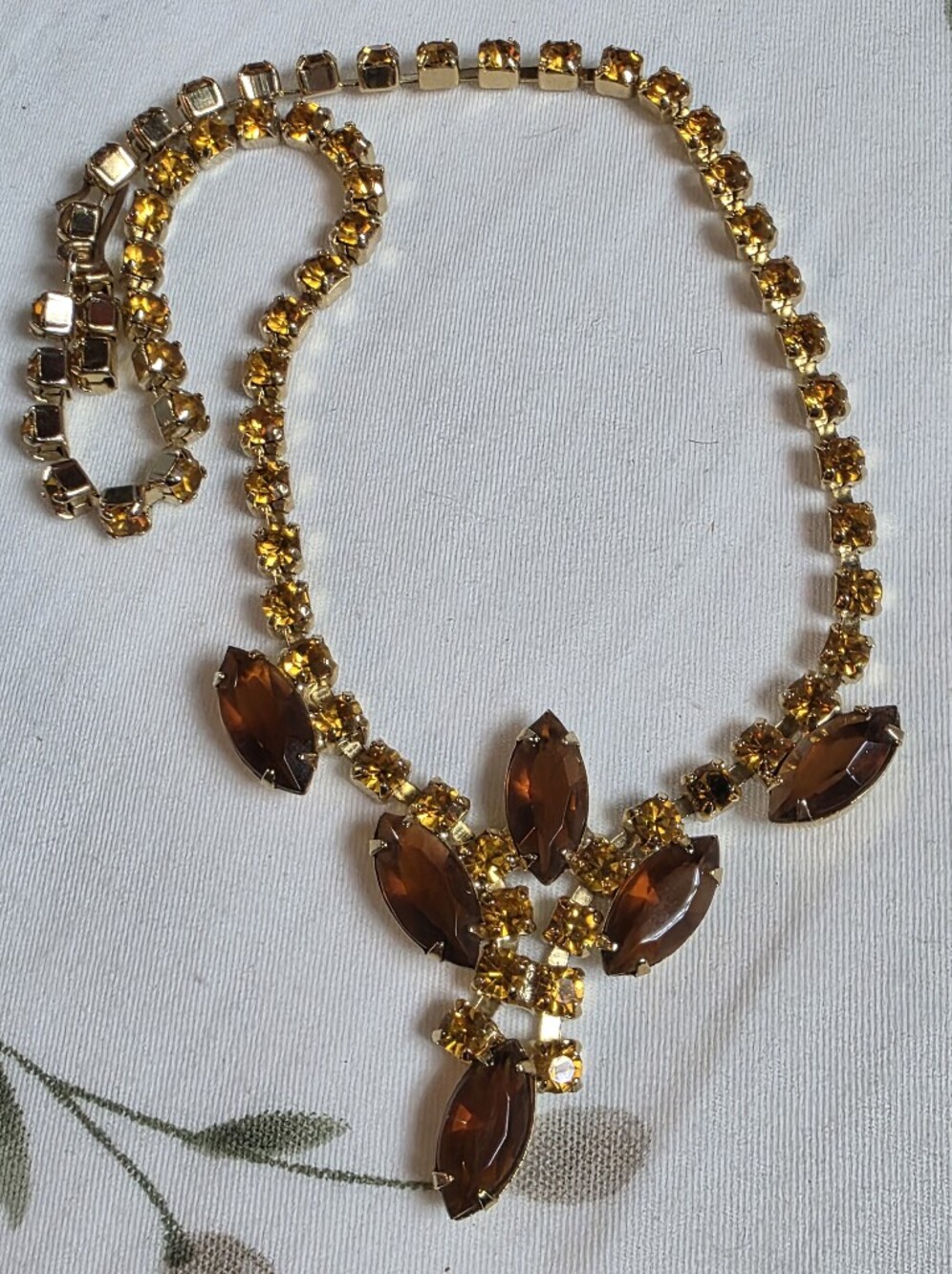 Vintage Amber & Topaz Rhinestone Floral Statement Necklace Gold Tone 1950s 1960s